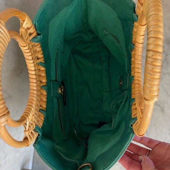 ANTHROPOLOGIE Marianne Green Tote Bag Wicker Handle - Picture 7 of 16